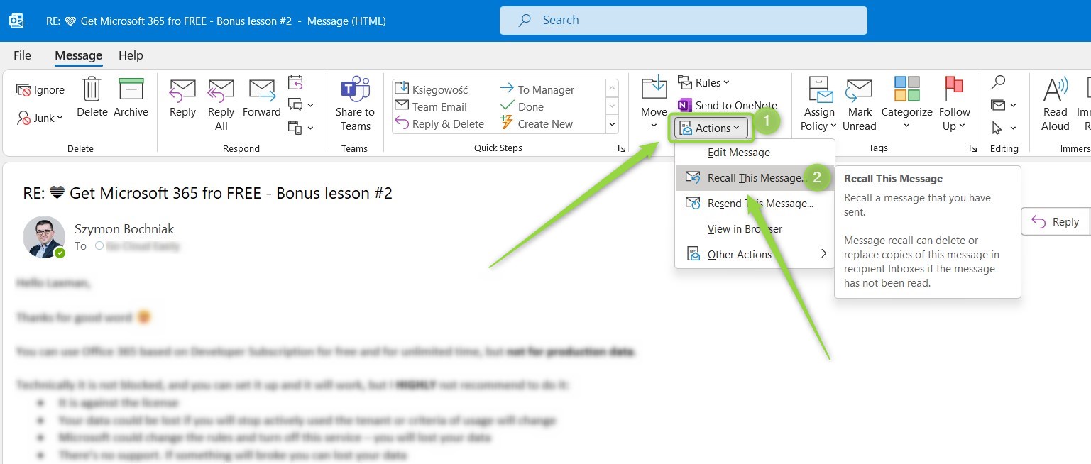 How to recall an email in Microsoft Outlook in Microsoft 365