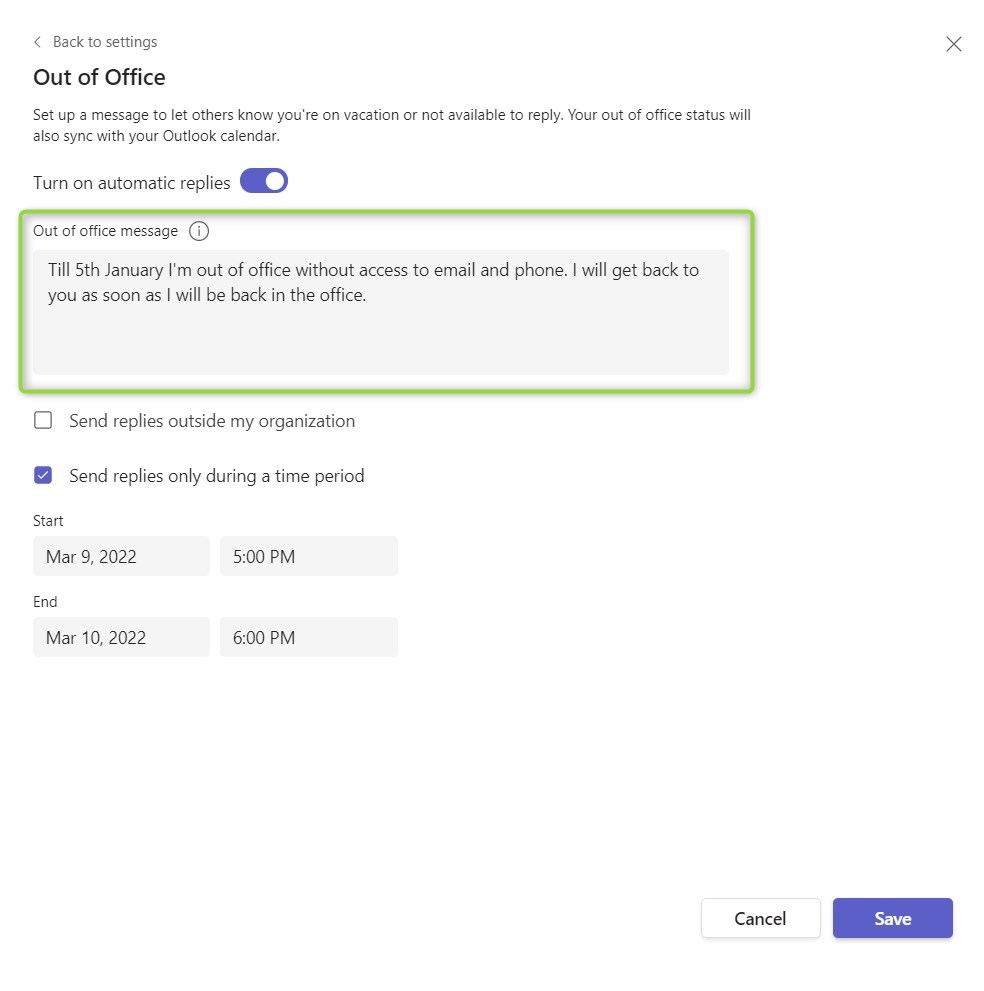 Set Out of Office status in Microsoft Teams in Microsoft 365