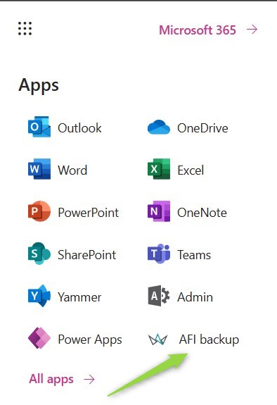 Office 365 Apps self service backup for Microsoft 365 AFI.AI