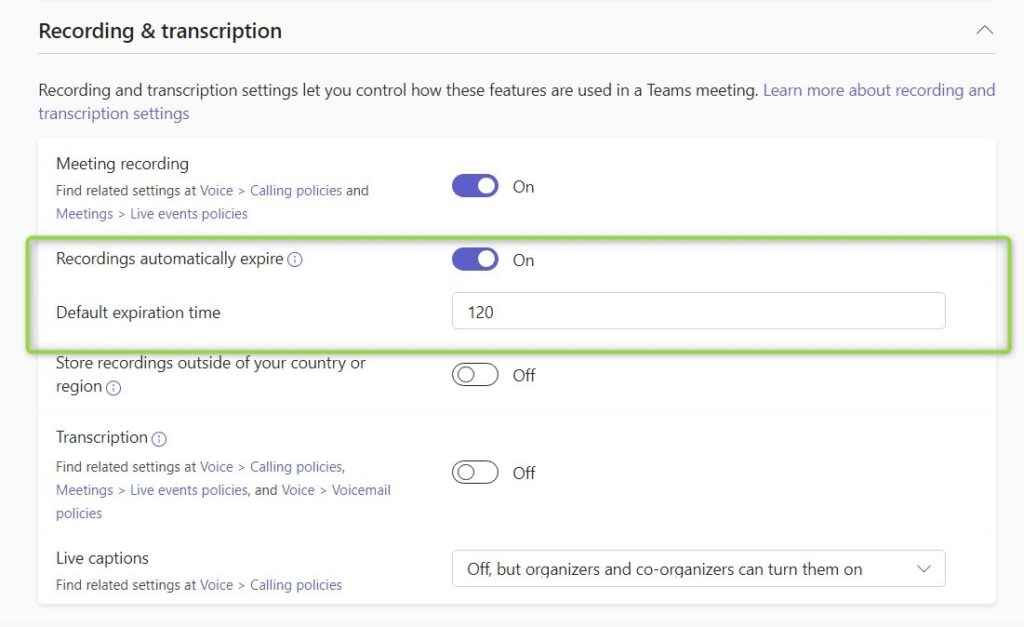 Microsoft Teams meeting recordings Expiration Policy